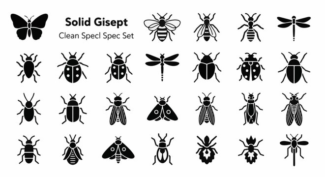 Set of black solid insect icons including butterfly, beetle, bee, fly and dragonfly