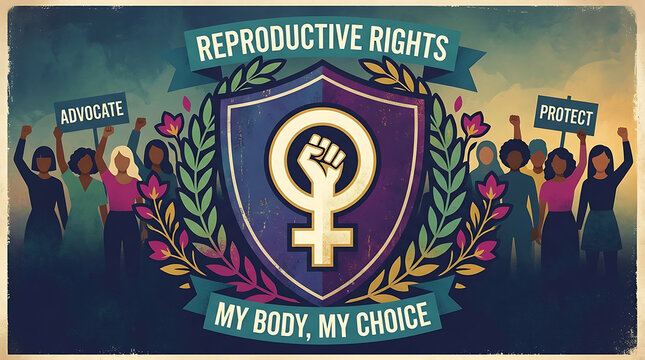 Pro-choice activists holding banners at rally. Supporters advocating reproductive rights and gender equality.