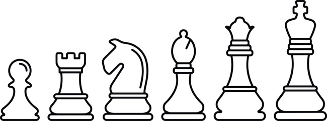 Chess Pieces Line Icon Set with King, Queen, Bishop, Knight, Rook, and Pawn Symbols for Corporate Strategy   © Mijanur