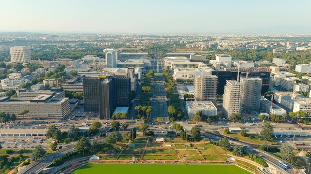 Rome, Italy. Piazza Guglielmo Marconi. District EUR - Quarter is a vast complex of buildings built on the orders of dictator Benito Mussolini. Drone footage