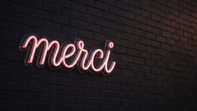 Pink merci neon sign glowing on dark brick wall expressing thank you gratitude.