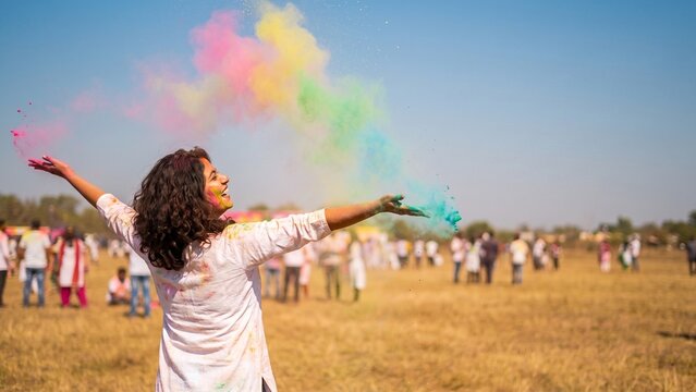 Happy Indian woman celebrating Holi festival throwing colorful powder in a sunny outdoor field.