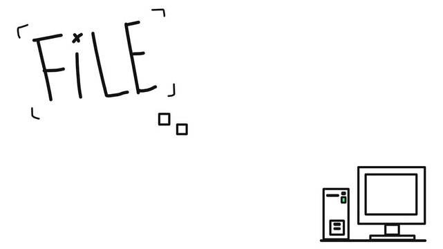 Art of how to upload or download a file to a computer, where there is a desktop PC and the word "file".