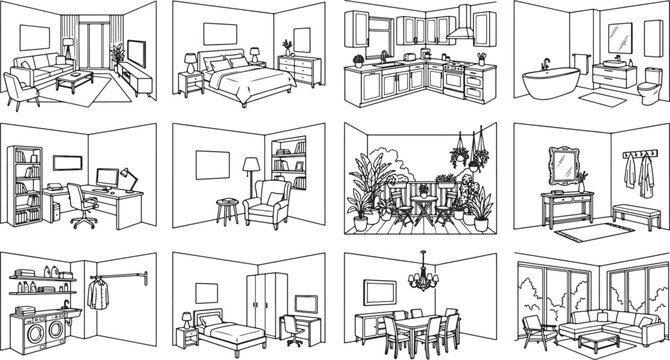 Set of hand drawn interior room sketches including living areas bedrooms kitchen bathroom and home office spaces