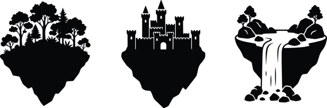 Set of fantasy black vector icons featuring floating islands with forest castle and waterfall isolated on white background