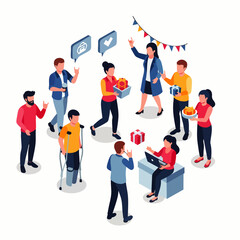 Obraz premium Colorful diverse cartoon characters celebrating with confetti and balloons in a lively group gathering, concept for teamwork, event promotion, education materials, and community engagement