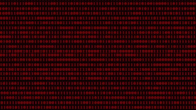 Red binary code fills black computer screen. Rows of zeros and ones create digital pattern. Technology background covers programming and data. Computer code forms abstract texture. Cyber concept.