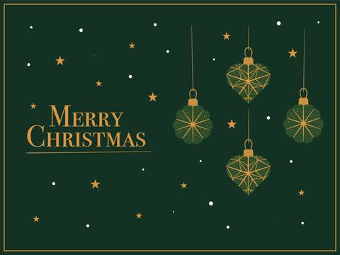 Merry Christmas Banner &ndash; Dark Green and Gold Holiday Web Header with Hanging Ornaments, Elegant Vector Illustration