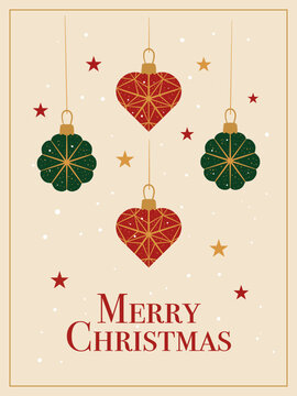 Christmas Ornaments Background &ndash; Blank Holiday Poster Template with Hanging Baubles, Burgundy and Gold Vector Illustration