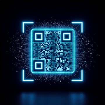 Digital neon QR code scanner interface | Hi-tech QR code visualization with data points