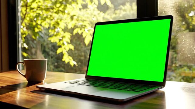 Laptop with green screen on a wooden desk by a window