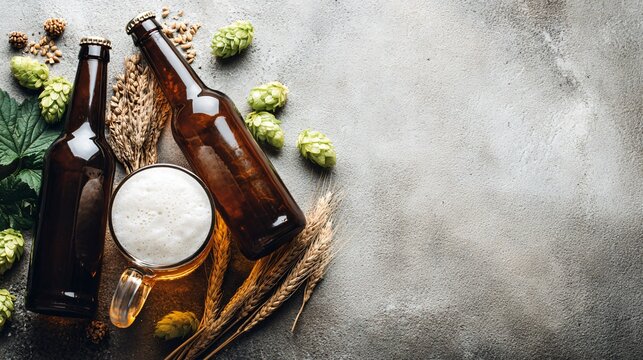 A premium beer beverage flat lay featuring frosty beer mugs, chilled bottles, hop cones, barley grains, and elegant brewery props arranged on a textured neutral background