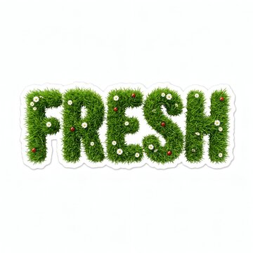 Fresh grass typography sticker art with white and red flowers on clean background