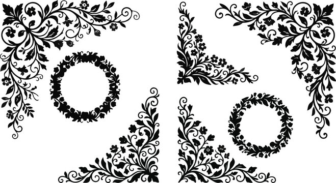 Elegant vintage floral corner borders and wreath vector element set
