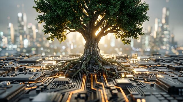 Cybernetic tree with circuit roots and distant cityscape