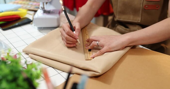 Fashion designer creating garment patterns, measuring fabric, inspecting clothing quality, and preparing apparel in a professional studio for tailoring, production, and fashion design workflow.