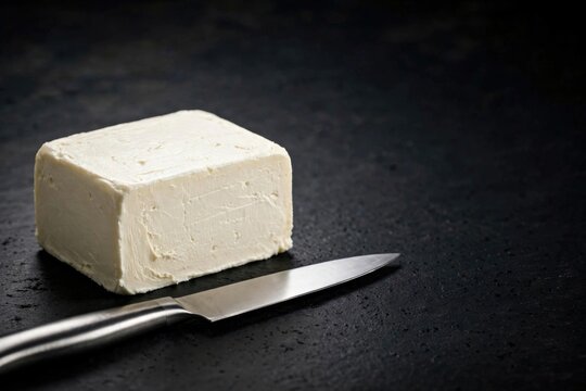 Block of Fresh Cheese with Knife on Dark Surface