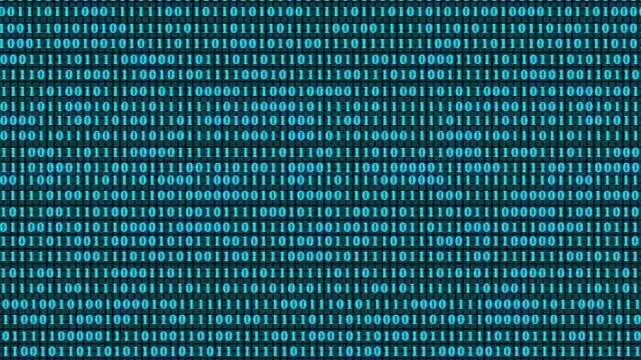 Cyan binary code fills black computer screen. Rows of zeros and ones create digital pattern. Technology background covers programming and data. Computer code forms abstract texture. Cyber concept.
