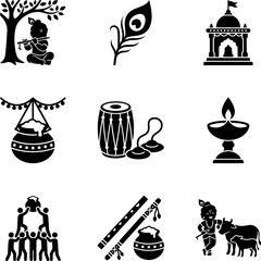 Naklejka premium Set of Krishna Janmashtami festival icons in flat black silhouette style.
