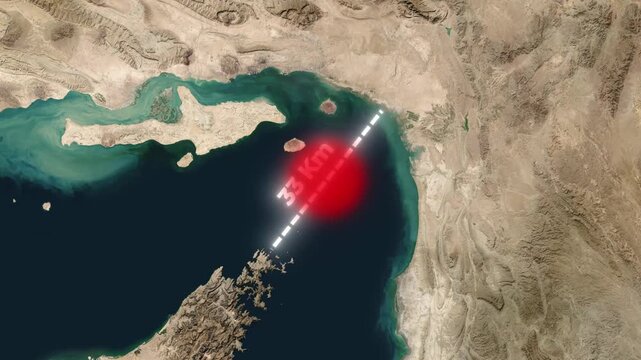 Satellite map animation detailing the 33-kilometer width of the Strait of Hormuz