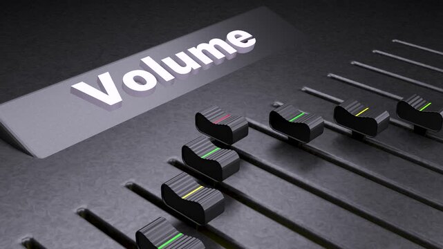Professional audio mixer faders with volume text, sound control console sliders for music production, digital studio equipment for audio engineering