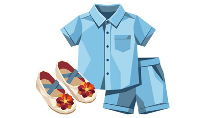 Stylish baby boy shirt and shorts set in sky blue, soft cotton fabric, adorable modern design, comfortable everyday outfit, realistic vector illustration, isolated white background.