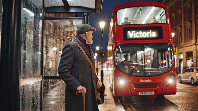 Senior man waiting at a city bus stop in the rain during the evening