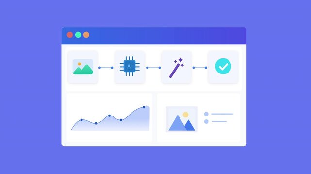 Minimal animated AI dashboard interface featuring analytics charts, processor icon, image preview, verification status, and data visualization. Modern motion graphic for artificial intelligence, busin
