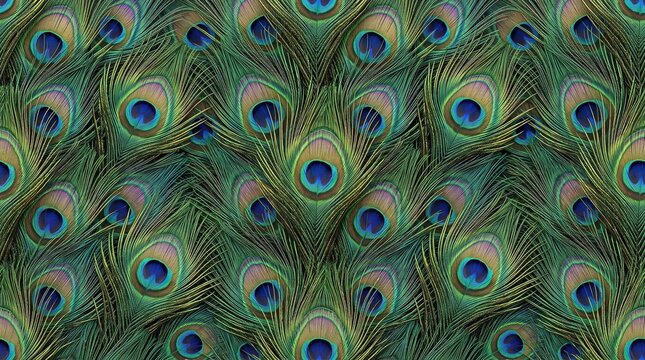 Seamless pattern of vibrant peacock feathers with iridescent eye spots, elegant bird plumage background, exotic nature texture.