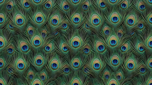 Intricate peacock feather pattern with vibrant blue eyes and emerald green plumage, decorative exotic bird texture, seamless nature background.