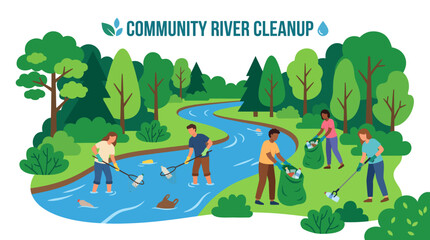 Fototapeta premium Volunteers Working Together to Restore the Environment by Cleaning Trash from a Riverbed and Protecting Nature