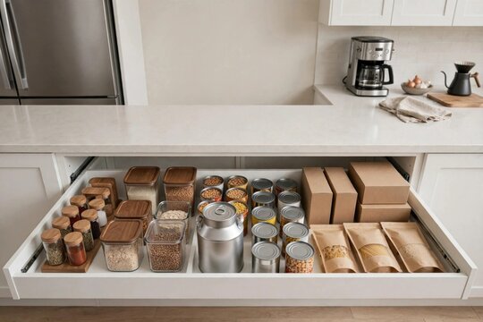 Organized Kitchen Drawer with Canned Goods and Storage Jars