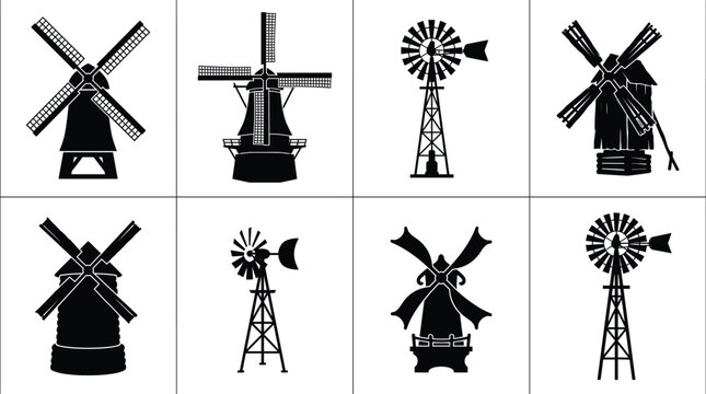 Traditional Windmill and Wind Pump Silhouette Collection with Vintage Rural Designs