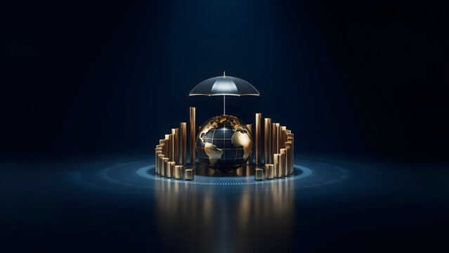 Global financial protection concept with a golden globe under an umbrella surrounded by rising bar charts on a dark blue background