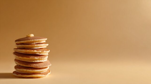 A minimalist breakfast arrangement featuring a single blueberry pancake stack positioned in the upper corner of a warm beige background with soft negative space
