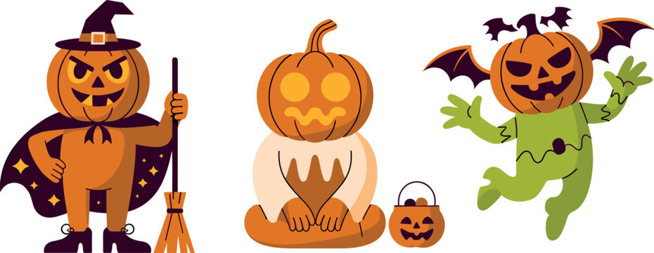 Set of cute Halloween pumpkin characters dressed in various costumes including a witch, a spooky ghost, and a bat for holiday design