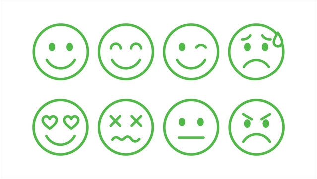 Green line art facial expression icons depicting various moods on a white background emoticon