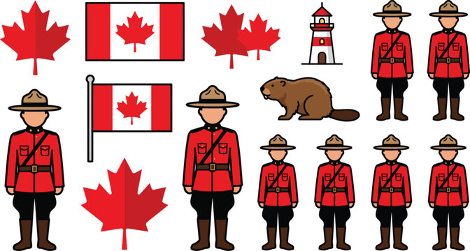 Collection of Canadian icons featuring maple leaf, flag, mountie and beaver on white background