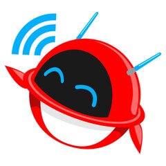Friendly cute red robot mascot character spreading wifi signal with happy smile expression. Modern AI technology mascot vector for internet and connectivity branding