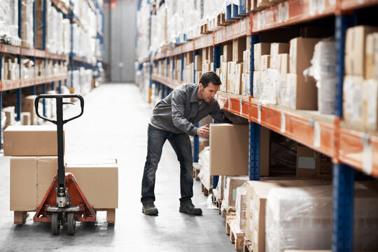 Box, logistics and pallet jack with man in warehouse for delivery, cargo trolley and inspection. Supply chain, distribution and freight storage with person in factory for inventory supervisor