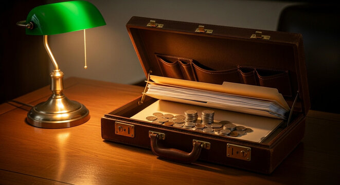 An open leather briefcase filled with stacked coins and folders sits on a wooden desk next to a glowing green banker lamp