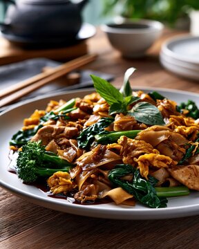 thai food lunch, pad see ew with chicken, stir fried wide rice noodles