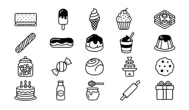 Premium Sweet Dessert Outline Icons Vector Set for Bakery Cafe Food Branding and Packaging