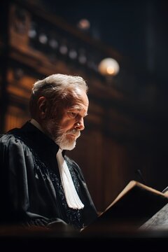 Judge reading amnesty law document in chamber, focused expression, heavy atmosphere, soft lighting creating a noise-free ultra-realistic scene of legal deliberation