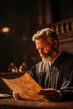 Judge with focused expression reading amnesty law document in chamber, illuminated by soft light, surrounded by heavy atmosphere and historical decor, conveying serious legal contemplation