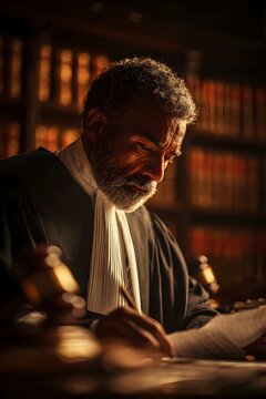 Judge in formal attire, deeply focused on reading amnesty law document in chamber, surrounded by law books, creating a heavy and contemplative atmosphere of justice and reflection
