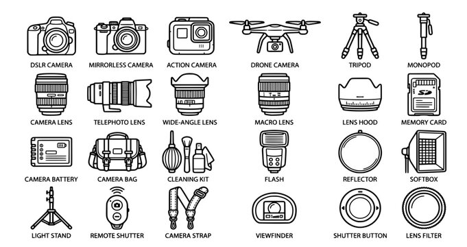 Professional Camera Equipment and Photography Gear Line Icons Sheet&mdash;Vector Icons for DSLR, Mirrorless Camera, Lenses, Tripod, Studio Lighting Softbox, and Action Cam