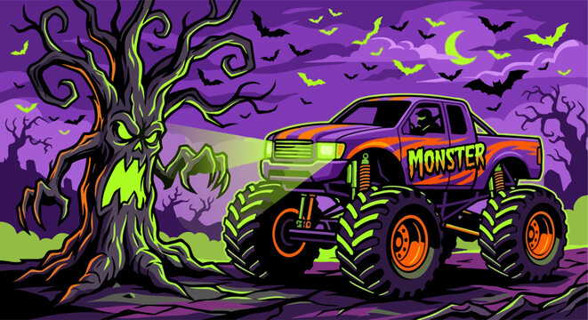 Halloween monster truck with creepy tree and bats pixel art
