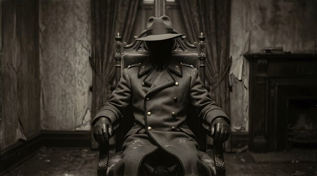 A mysterious faceless man in a trench coat sitting on a throne for a happy halloween theme