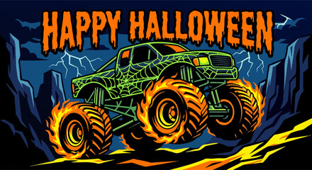 Obraz premium Happy Halloween Monster Truck Illustration with Flaming Wheels